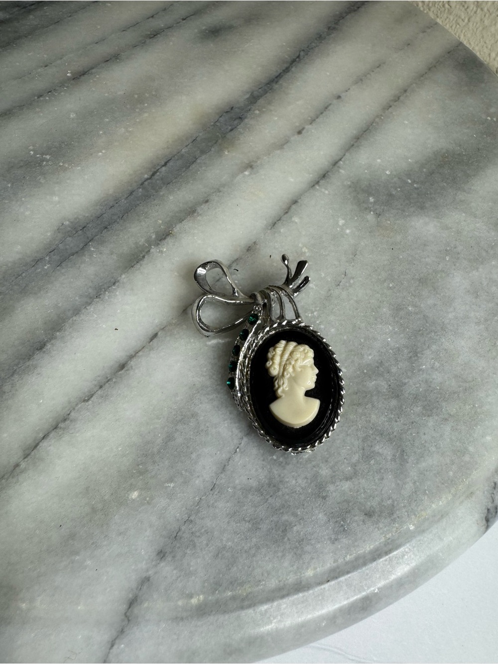 Classic Black & Cream Cameo Brooch with Silver Accents